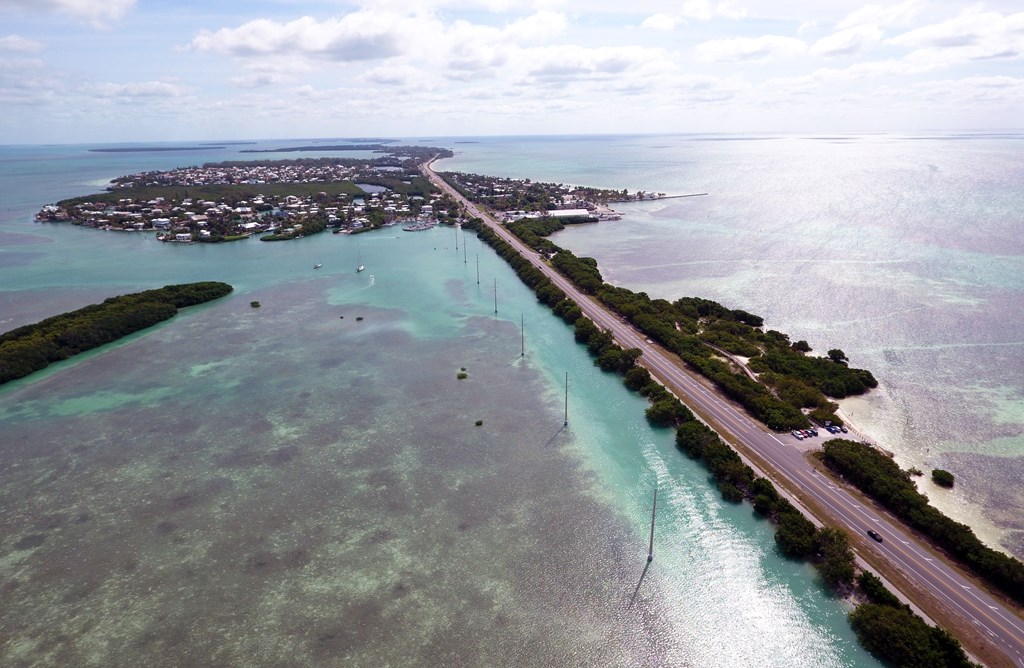 Aerial image of the Florida Overseas Highway in the Florida Keys.